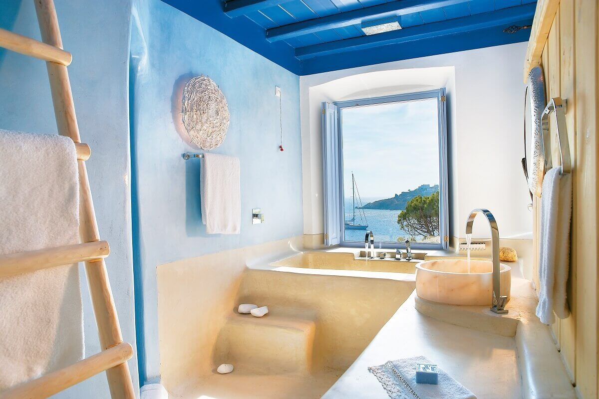 песочно-голубой интерьер в ванной