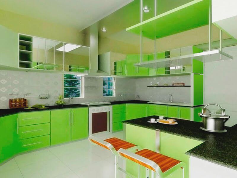 Дизайн кухни в зеленом цвете лаймового оттенка